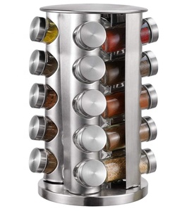 Easylife 20 Jars Stainless Steel Spice Rack Set Glass Spice Jars SS Lid Spice Jar White Pen and Black Label