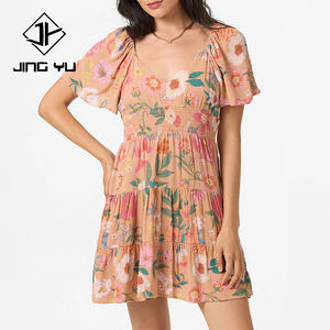 Minimum order quantity: Beach print V-neck pleated waist mini <b>dress</b> custom rayon casual <b>dress</b> for <b>women</b> - Product Image 1