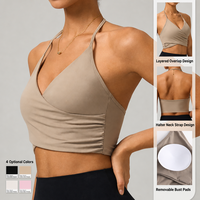 Nouvel Arrivage Soutien-gorge de Sport Halter Col en V Croisé Effet Seconde Peau Extensible dans les 4 Sens avec Coussinets Intégrés Respirant pour Femme Yoga Gym Activewear