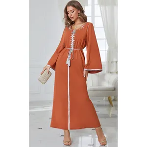새로운 스타일 오렌지 컬러 라운드 넥 판타지 컬러 라인 석 드레스 벨트 아랍어 전통적인 긴 치마 여자 긴 드레스