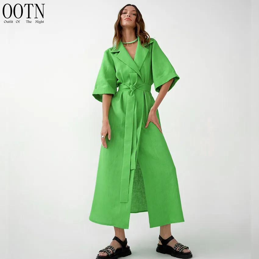 OOTN Femme A-Line Elegant Slit Dress Robe Woman Belt Lace Up Notched Loose Women Dress Cotton Linen Long Wrap Summer Dresses