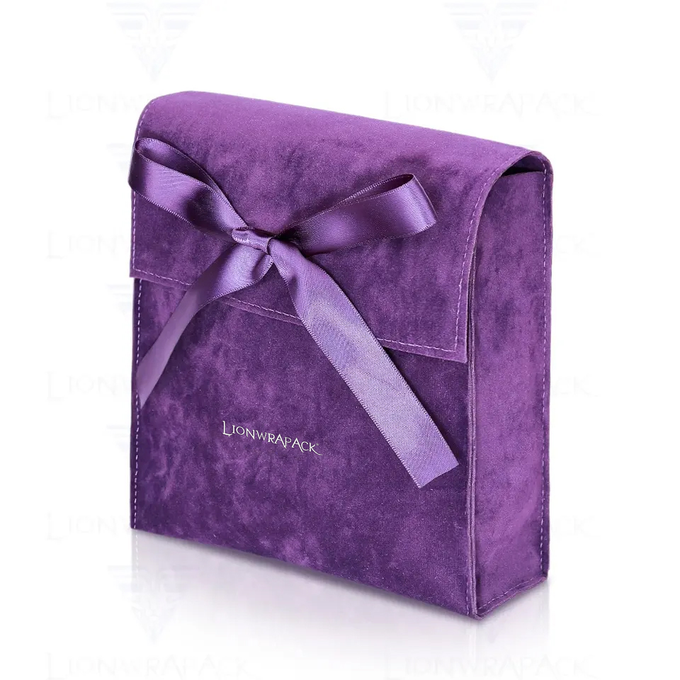 Luxury Custom logo envelope flap velvet jewelry Bikini packaging bag bow-knot purple suede cosmetic perfume pouch