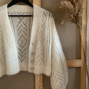 Mohair – Cardigan en soie de couleur blanche, Cardigan court en Jacquard ajouré <span class=keywords><strong>avec</strong></span> boutons en <span class=keywords><strong>perles</strong></span> naturelles - Product Image 1