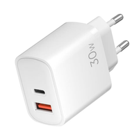 Chargeur de voyage compact double port 30W PD QC Type-C USB-A blanc, prise standard UE/US, mini chargeur portable pour ordinateur portable