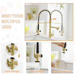 FLG in oro spazzolato rubinetto da cucina a manico singolo rubinetto a molla <span class=keywords><strong>con</strong></span> Pull Down spruzzatore acqua miscelatore scrivania montato in ottone OEM moderno - Product Image 4