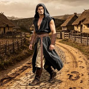 Conjunto de 4 Piezas de Capa sin Mangas con Capucha Estilo Vikingo Medieval Renacentista, Accesorios de Disfraz para Halloween, Ropa para Larp - Product Image 3