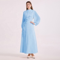 Robe en dentelle pour femme, broderie ajourée soluble dans l'eau, col montant, manches évasées mi-longues, taille haute, robe de soirée élégante