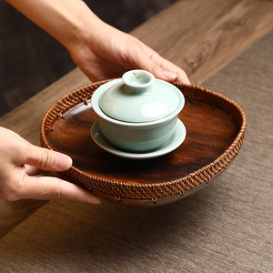 Japanese Style Handmade Rattan Lacquered Black Walnut Fruit Plate Oval Multifunctional Dessert <b>Tray</b> Storage <b>Tray</b> Desktop <b>Tea</b> - Product Image 2
