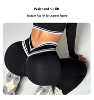 Ensemble de vêtements de sport pour femmes, haut de yoga à manches longues avec bordure rayée personnalisée et leggings taille haute, 2 pièces
