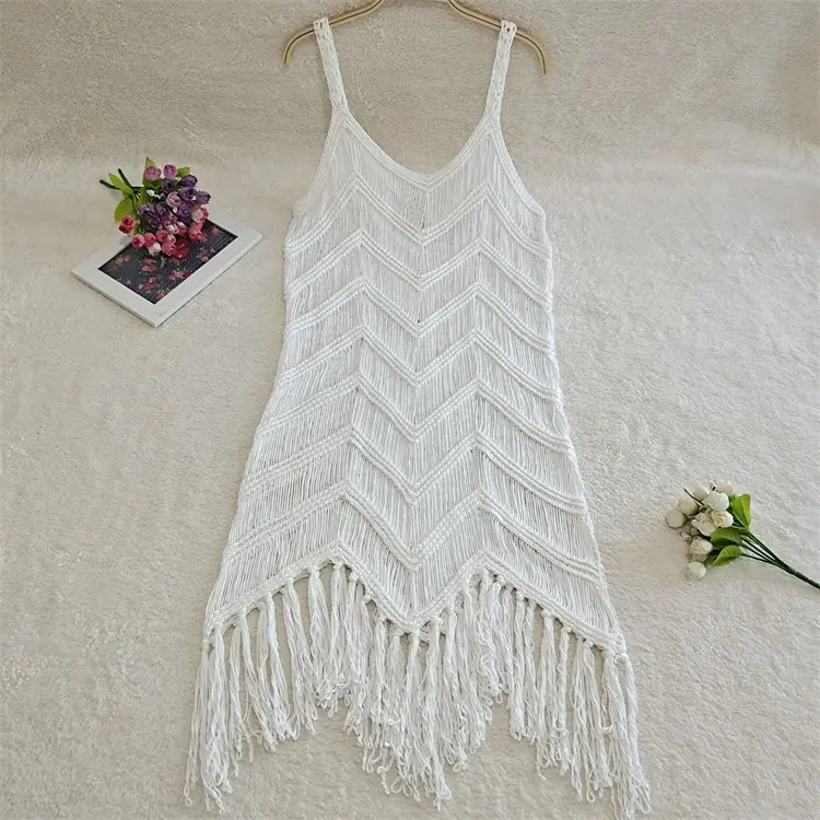 2023 New Fashion Sexy Hollowed Out Mesh Flower Tassel Hem Beach Suspender Sundress