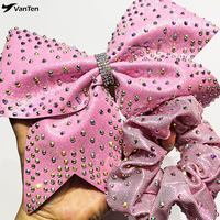 Vente en gros de chouchous élastiques pour équipes de cheerleading et de gymnastique, avec strass brillants et design personnalisé, couleur mystique, en Teal, Rose et Bleu Royal