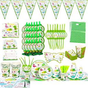 Ensemble de fête d'<span class=keywords><strong>anniversaire</strong></span> sur le thème des dinosaures, serviettes en papier, gobelets en papier, assiettes en papier, couteau, fourchette, cuillère, kit de décoration, vaisselle - Product Image 1