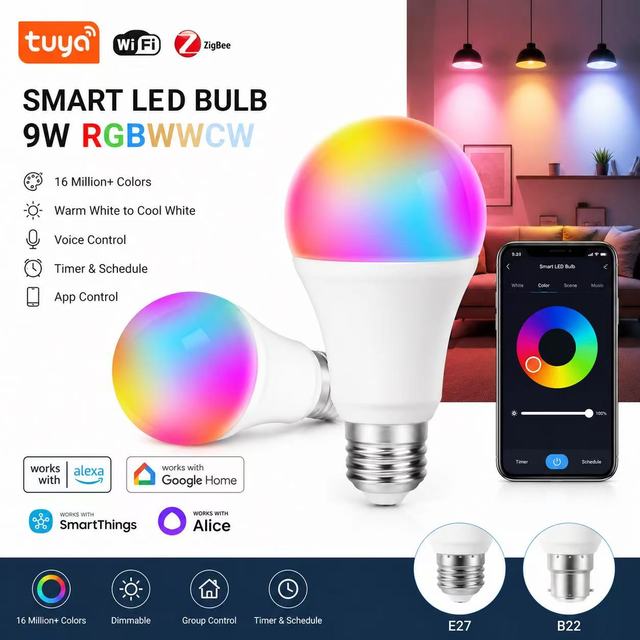 Tuya Smart LED Bulb 9W E27 B22 RGBWWCW WiFi ZigBee Smart Light Bulb Alexa Google Home Home Automation OEM