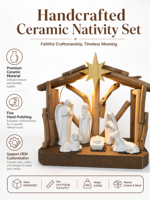 En gros, Ensemble de crèche de Noël en porcelaine blanche avec LED, Sainte Famille, Ange, Animaux, Étoile de la Nativité, Décorations de Noël en vrac