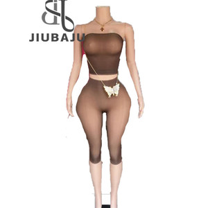 Set Due Pezzi Sexy da <span class=keywords><strong>Donna</strong></span>: Top Corto Trasparente Senza Maniche e Senza Spalline e Pantaloni Aderenti - Product Image 2