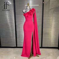 Gaun pesta mewah 3D floral one shoulder model mermaid dengan lengan cape, belahan tinggi, panjang lantai, untuk acara formal, tamu pernikahan, atau gaun malam