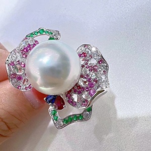 Nouvelle bague en argent pur S925 avec motif floral en brocart et perle naturelle, design de robinet impeccable, 11-12 mm - Product Image 2