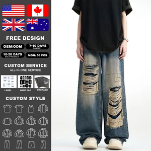 Pantalones Vaqueros Anchos de Mezclilla Lavada para Hombre KingSen OEM, Estilo Desgastado, Rotos y Deshilachados, Pantalones Retro de Pierna Ancha para Streetwear - Product Image 2