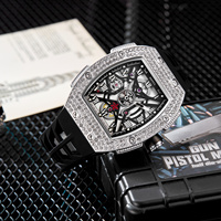 Montre automatique de luxe pour homme, forme tonneau, entièrement sertie de diamants, bracelet en alliage 20 mm, cadran analogique squelette complet