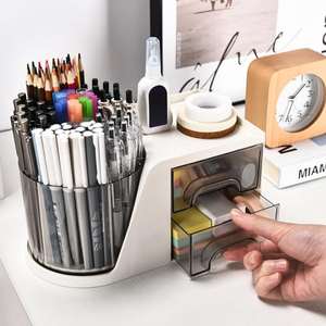 Multifunction 2 <b>Drawers</b> Plastic <b>Desk</b> Organizer <b>With</b> Rotating Pen Holder Household Items New Design for Office Organization - Product Image 2