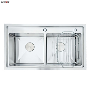 Évier de cuisine moderne multifonctionnel en acier inoxydable, rectangulaire, double bac, avec deux trous, surface brossée, prix abordable - Product Image 4