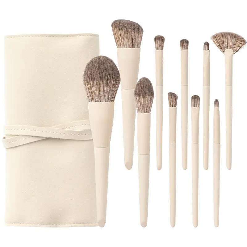 Biumart 10pcs Makeup Brush Set Creamy White Eye Shadow Powder Foundation High-gloss Brushes Wooden Handle Cosmetic Tool With Bag