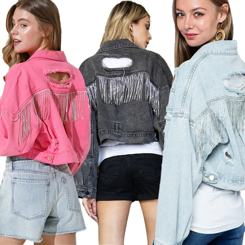 Veste en jean à franges et strass pour femme, de haute qualité, nouvelle collection