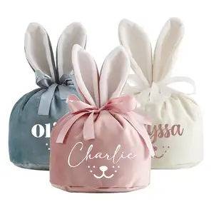 Custom wholesale hot sale dropship rabbits plush velvet easter bunny bags easter decoration candy gift bag embroidered printed