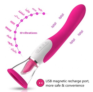 Nuovo <span class=keywords><strong>Dildo</strong></span> a Doppia Testa con Funzione di Leccata per Donne, Stimolazione del Punto G e Clitoridea, Impermeabile, Ricaricabile USB, 10 Modalità - Product Image 1