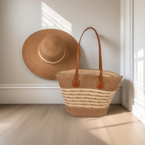 Sac de plage et chapeau en paille tressée avec poignées en cuir de bonne qualité, ensemble sac fourre-tout - Product Image 1
