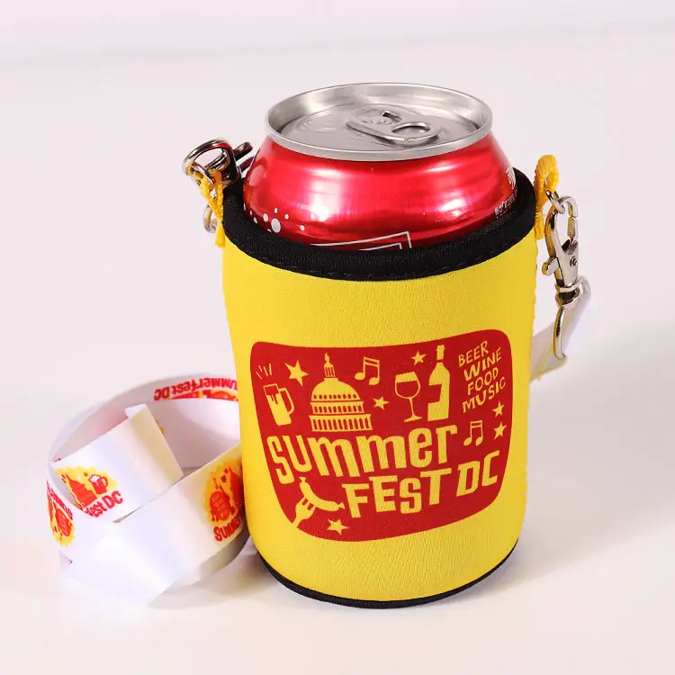 Custom Logo Printing Neoprene Can Cooler Cup Beer Cover Sleeve Tumbler with Lanyard