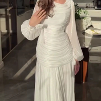 Abaya blanche élégante R-819 pour soirée à Dubaï, couleur unie, coupe ajustée, polyester, manches longues, maxi, Ramadan, Eid