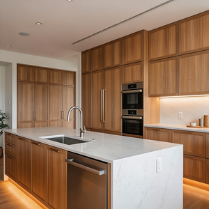 Armoire de cuisine moderne en bois de noyer CBMmart avec îlot <span class=keywords><strong>central</strong></span> en <span class=keywords><strong>marbre</strong></span> intégré, éclairage LED, armoire de cuisine personnalisée pour la maison - Product Image 1