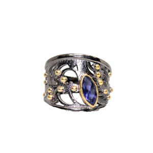 Nouvelle Collection Bague Balinaise en Argent Sterling 925 Fait Main en Or 18K Noir Rhodium Iolite Pierre Précieuse pour Anniversaire de Fiançailles - Product Image 1
