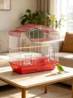 Cage à oiseaux décorative rouge avec toit, structure en fil métallique durable thermolaqué, plusieurs perchoirs, mangeoires latérales transparentes, pour oiseaux d'intérieur