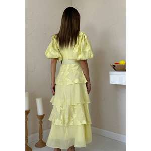 Vestido Amarillo con Mangas Abullonadas y Capas, Corte en A, Cintura Natural, Tejido Transpirable, Vestido Casual Diario - Product Image 1