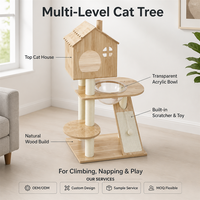 Arbre à chat multi-niveaux avec maison en bois, bol en acrylique transparent, rampe à gratter en sisal et jouet suspendu pour chats d'intérieur