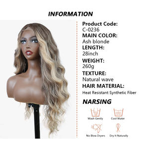 28 pouces <span class=keywords><strong>blond</strong></span> cendré naturel grande vague petite dentelle frontale perruque de <span class=keywords><strong>cheveux</strong></span> synthétiques Simulation cuir chevelu résistant à la chaleur perruque pour les femmes - Product Image 2