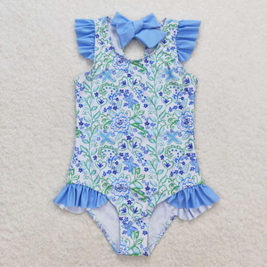 Maillots de bain une pièce d'été pour petites filles, imprimé floral, avec volants et nœud, sans manches, vente en gros - Product Image 1