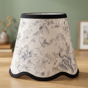 Premium Cotton Floral <b>Lampshade</b> | Vintage <b>Grey</b> & White Botanical Printed Fabric Shade with Scalloped Wave Edge & Black Trim - Product Image 3