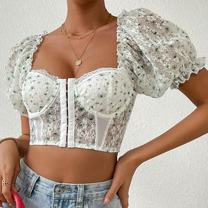 Rétro sans manches broderie florale <span class=keywords><strong>haut</strong></span> court épaule nue caraco gilet Sexy sans bretelles dentelle arête de poisson corset bustier tubulaire - Product Image 1