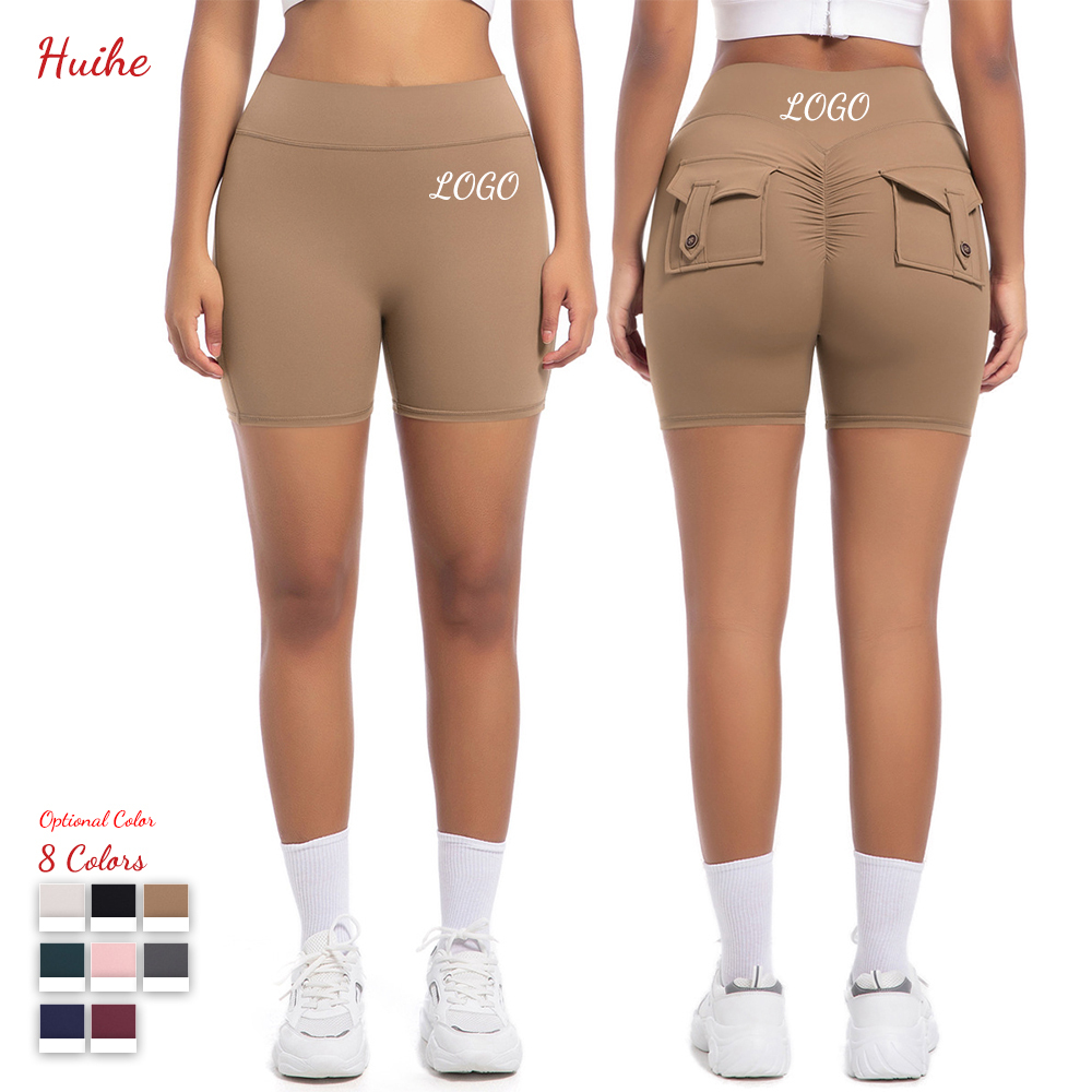 HUIHE High Waist Active Wear Butt Lift Button Women's Yoga Shorts with Back Pockets Sports Fitness Running Gym Yoga Shorts