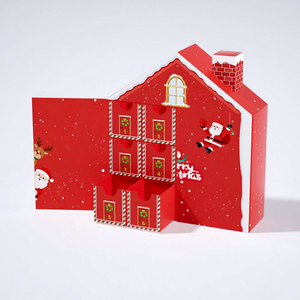 Calendrier de l'Avent de Noël pliable rouge en forme de maison avec 24 jours, impression quadricolore, recyclable, en carton cadeau auto-assemblant - Product Image 2
