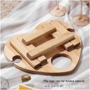 Wooden Picnic <b>Table</b> Semicircular <b>Foldable</b> Outdoor Wine Rack With Bottle Holder For Beach And <b>Garden</b> Use - Product Image 3
