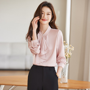 Purple Satin Shirt Women Long Sleeve Elegant Office Blouse Solid Color Polyester Fabric - Product Image 4