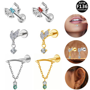 Piercing d'oreille en titane, forme papillon, serti de cristaux d'améthyste, bijou de mode unisexe - Product Image 4