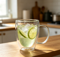 Mug en verre borosilicate double paroi fait main, anti-fuite, compatible lave-vaisselle, 180 ml, corps transparent uni et lisse, poignée transparente