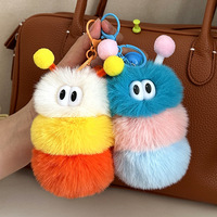 Porte-clés peluche chenille, breloque insecte moelleuse avec pompon, mignonne et multicolore, pour sac, avec mousqueton, cadeau