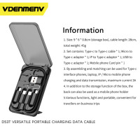Boîte de rangement pour câble de charge rapide D53T avec support de téléphone, ensemble de câbles de données USB Type C et Micro USB 3A, kit de voyage portable multifonctionnel