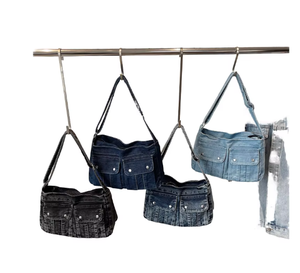 Sac à bandoulière en jean vintage durable grande capacité avec fermeture éclair géométrique, poignée et doublure en polyester pour femme. 8299 - Product Image 1